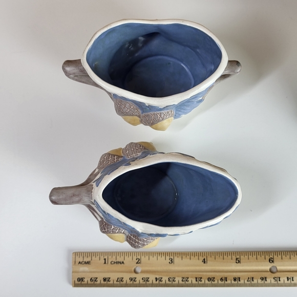 Sugar and Creamer Set, Ceramic Acorn and Blue Leaf Design, marked ELM - Picture 7 of 11